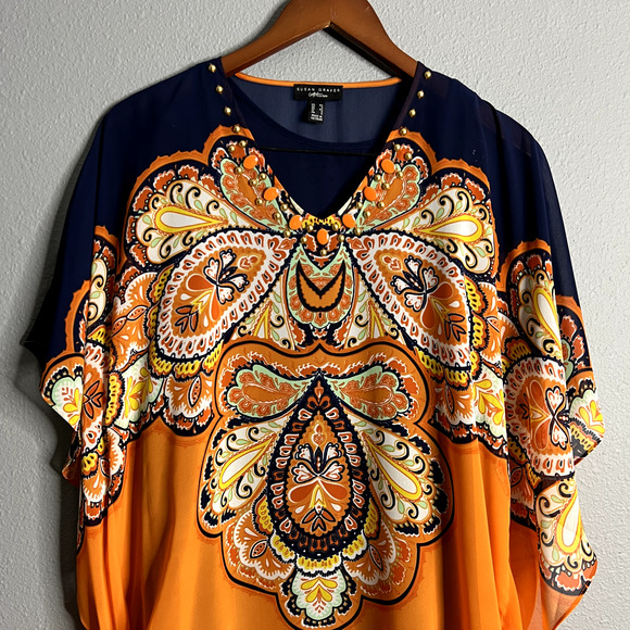 Susan Graver Womens XS Orange Paisley Kimono Kaftan‎ Blouse Set Oversized Boho - Picture 2 of 13
